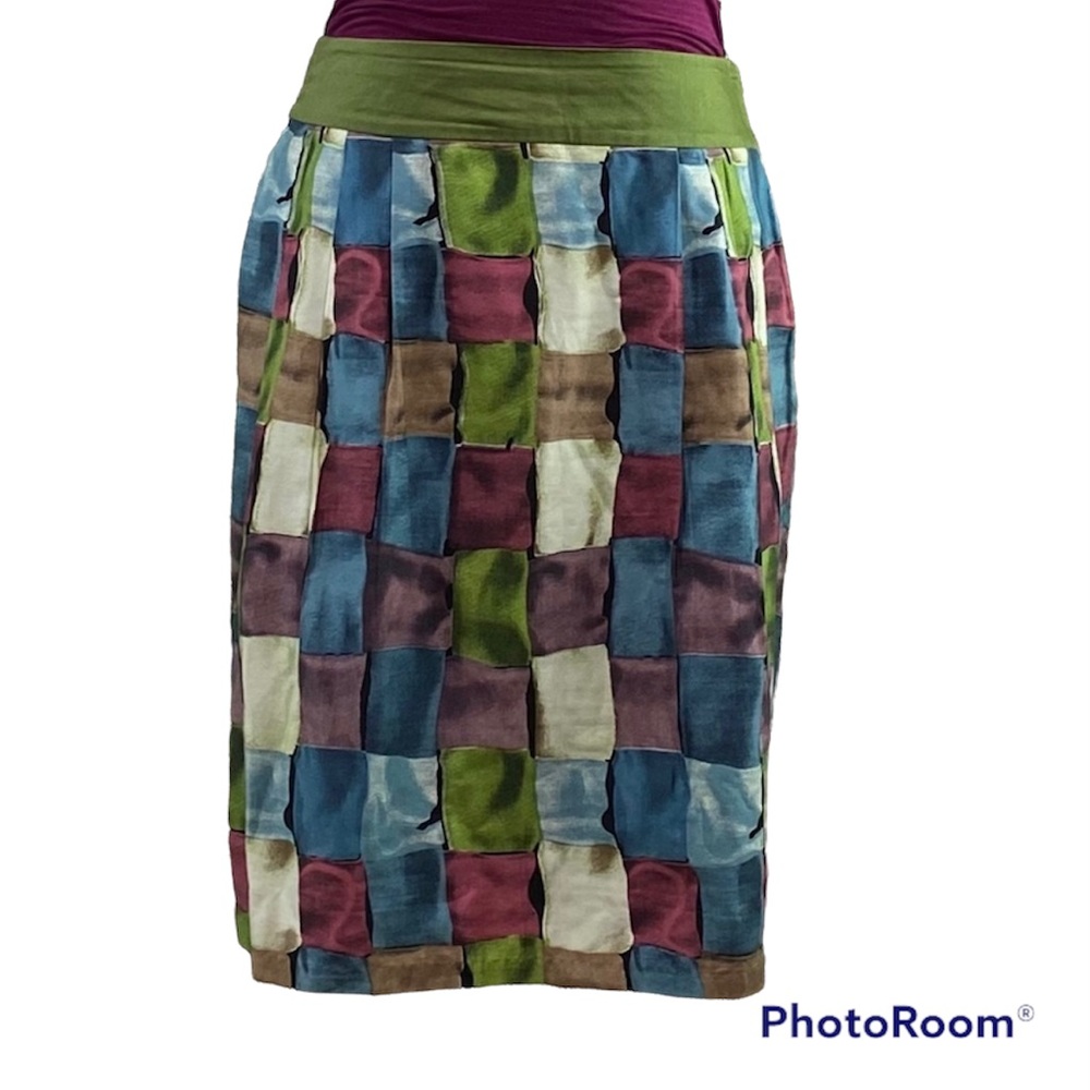 Artsy Watercolor squares pencil skirt by Ipsa from Anthropologie